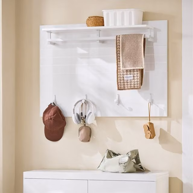 SoBuy Modern White Glossy Wall Mounted Shelf with Dual Hook and Rail Matrix