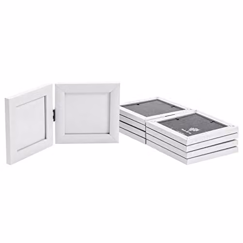 Nicola Spring Pack of 5 Folding 2-Photo Frames in White, Square Tabletop Design for 10 x 10 cm Photos – 1