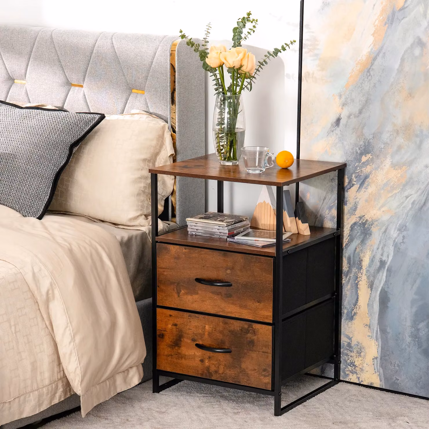 Costway Industrial 2-Drawer Storage Cabinet Dresser with Removable Fabric Drawers in Brown – 3