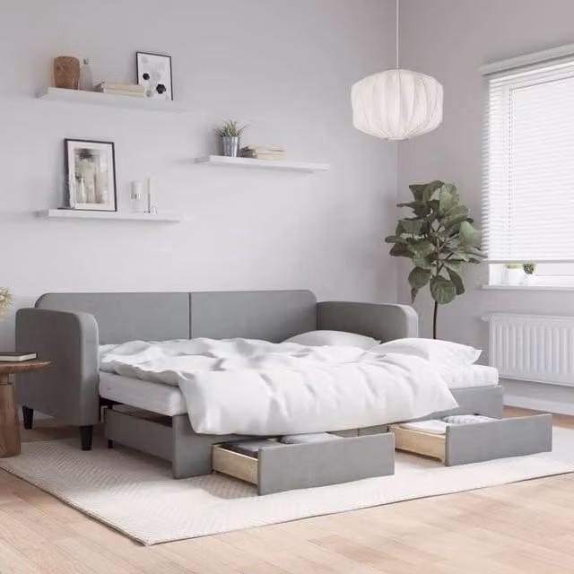 Berkfield Home Daybed with Trundle and Drawers in Light Grey Fabric, W/D/H: 190 x 90 cm – 1