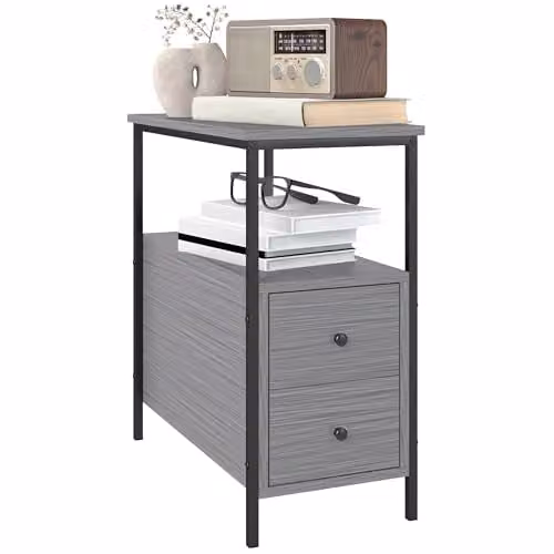 HOMCOM Industrial Side Table with 2 Drawers and Storage Shelf, Grey and Black