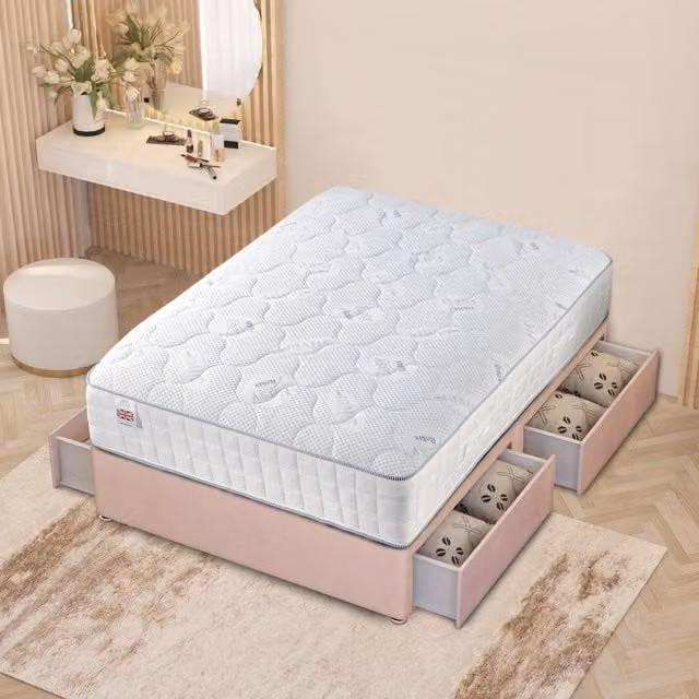 Horizona Pink Plush Velvet Upholstered Divan Bed with Hybrid Memory Foam Pocket Spring Mattress W/D/H: 140 x 200 cm