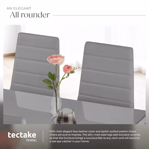 tectake Set of 6 Modern Dining Chairs in Grey Synthetic Leather with Metal Legs – 6