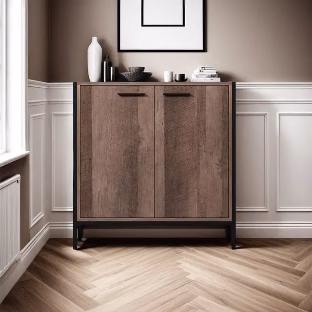 FWStyle Industrial Inspired 2 Door Sideboard in Cracked Oak Effect with Black Metal Details