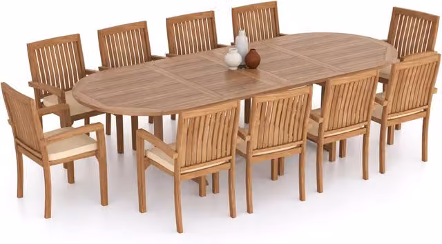 Eterna Oval Extendable Teak Garden Dining Table and 11 Chair Set with Black Cushions