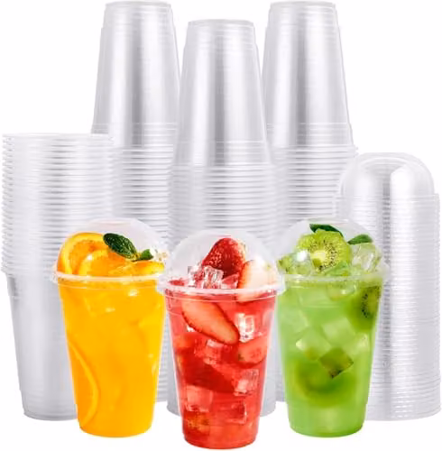 ECONX 100 Reusable Transparent Plastic Smoothie Cups with Dome Lids, 10oz
