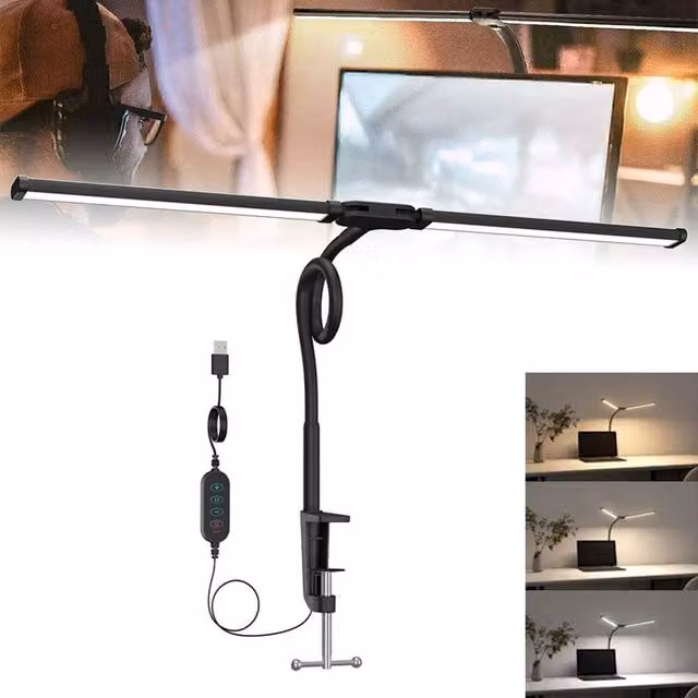 EONLION Double Head LED Desk Lamp in Black, Dimmable and Adjustable Tabletop Task Light
