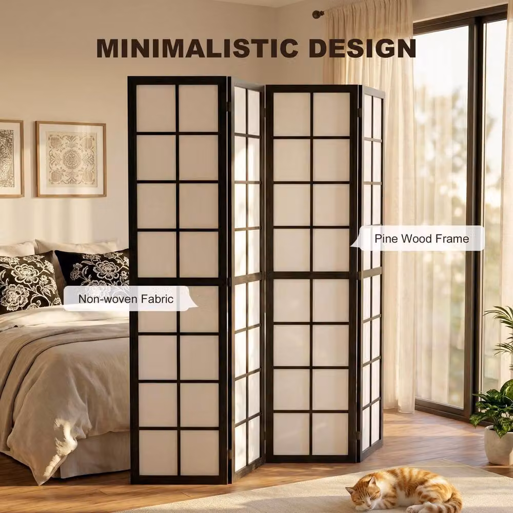 HOMCOM 4 Panel Folding Geometric Room Divider in Black Wood – 4