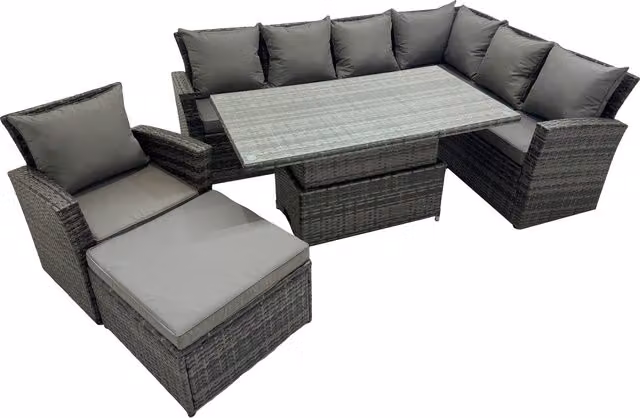Fimous 8-Seater Rattan Corner Sofa Set with Height Adjustable Glass Top Dining Table in Dark Grey