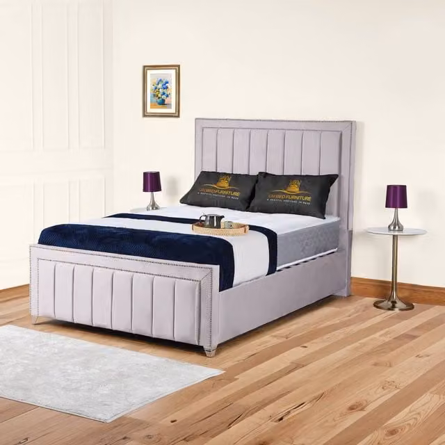 UK Bed Furniture Fiona Upholstered Slatted Base Bed with 48 Inch Headboard in Silver, W/D/H: 180 x 200 cm – 1