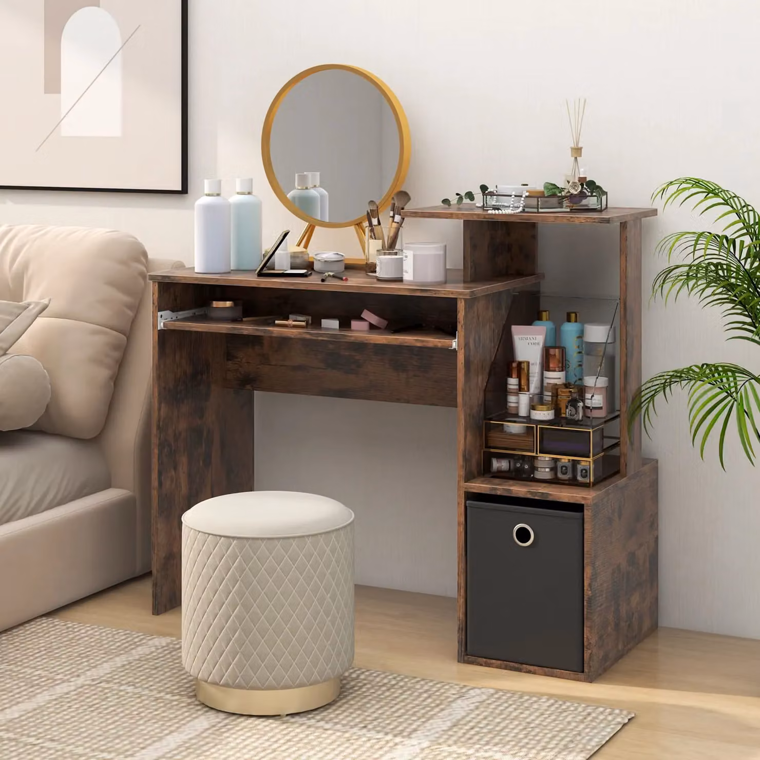 Costway Brown Computer Desk with Open Shelf and Fabric Storage Drawer – 3