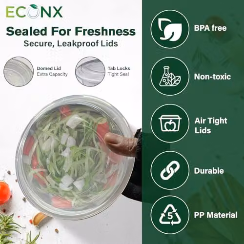 ECONX 20 Pack White Round Plastic Meal Prep Containers with Airtight Lids, 24oz Reusable Leakproof Food Storage Boxes – 6
