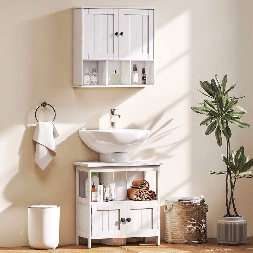 NESTLUNE White Matt Bathroom Wall Cabinet with Hinged Doors and Open Compartments – 2
