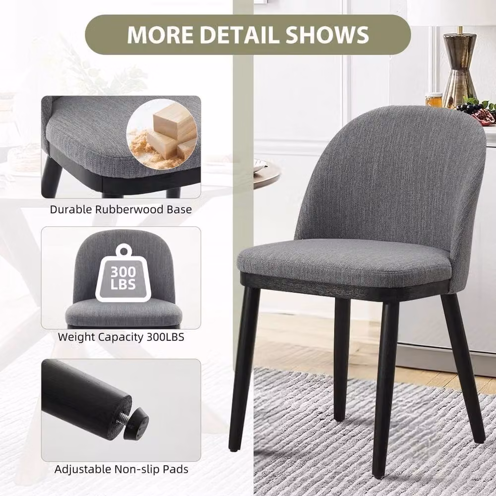 FORGEVIO Set of 2 Grey Linen Upholstered Dining Chairs with Cushioned Polyester Fabric Seats and Wood Legs – 3