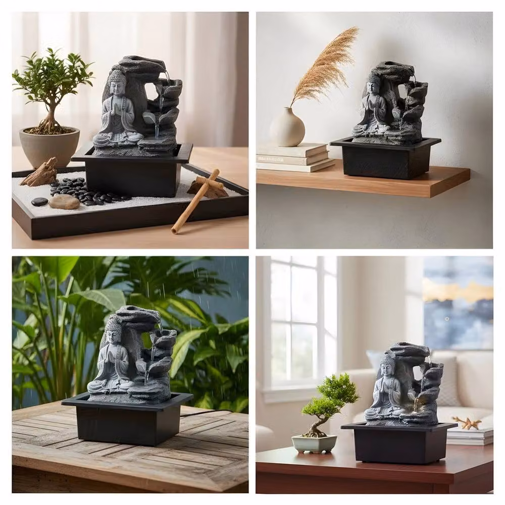EONLION Black and Grey Buddha Statue Tabletop Water Fountain with LED Light – 4