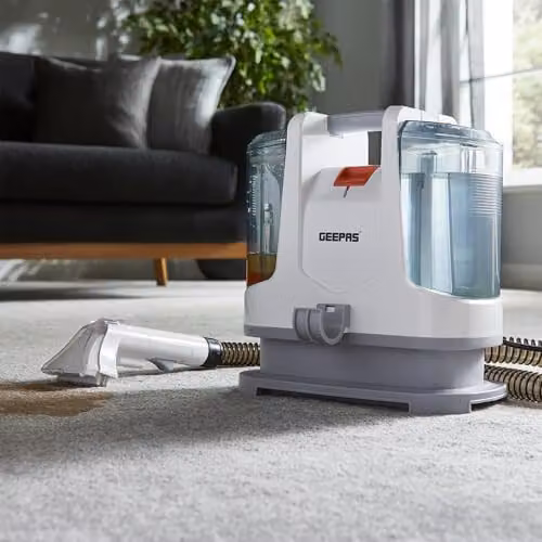 GEEPAS Portable Spot Cleaner 400W Stain Remover for Carpets, Sofas, Cars and Upholstery in White, Silver and Transparent – 2