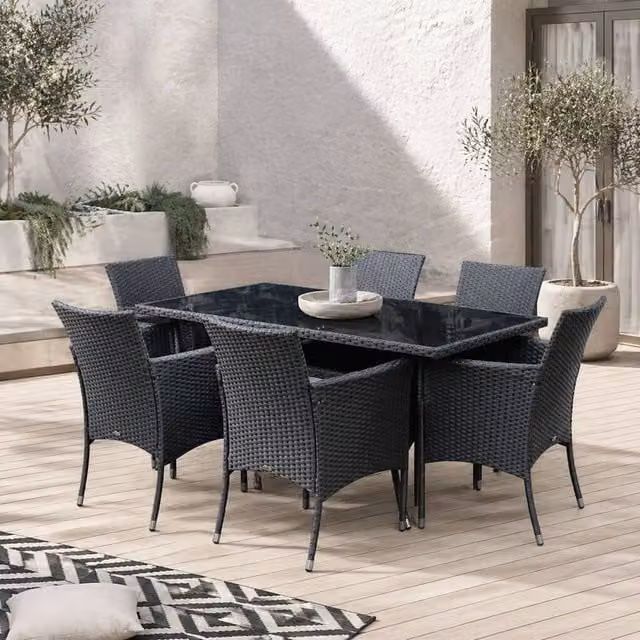 Wyld Haus Loreke Black Rattan 6 Seater Outdoor Dining Set with Glass Top Table – 1
