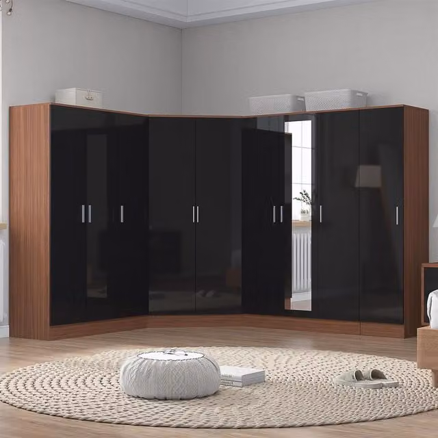 Reflect 4pc Wardrobe Bundle in Black Gloss and Walnut, featuring a Corner Wardrobe, 3-Door Mirrored Wardrobe, 3-Door Plain Wardrobe and 1-Door Plain Wardrobe, H 180 cm x W 179 cm x D 103 cm