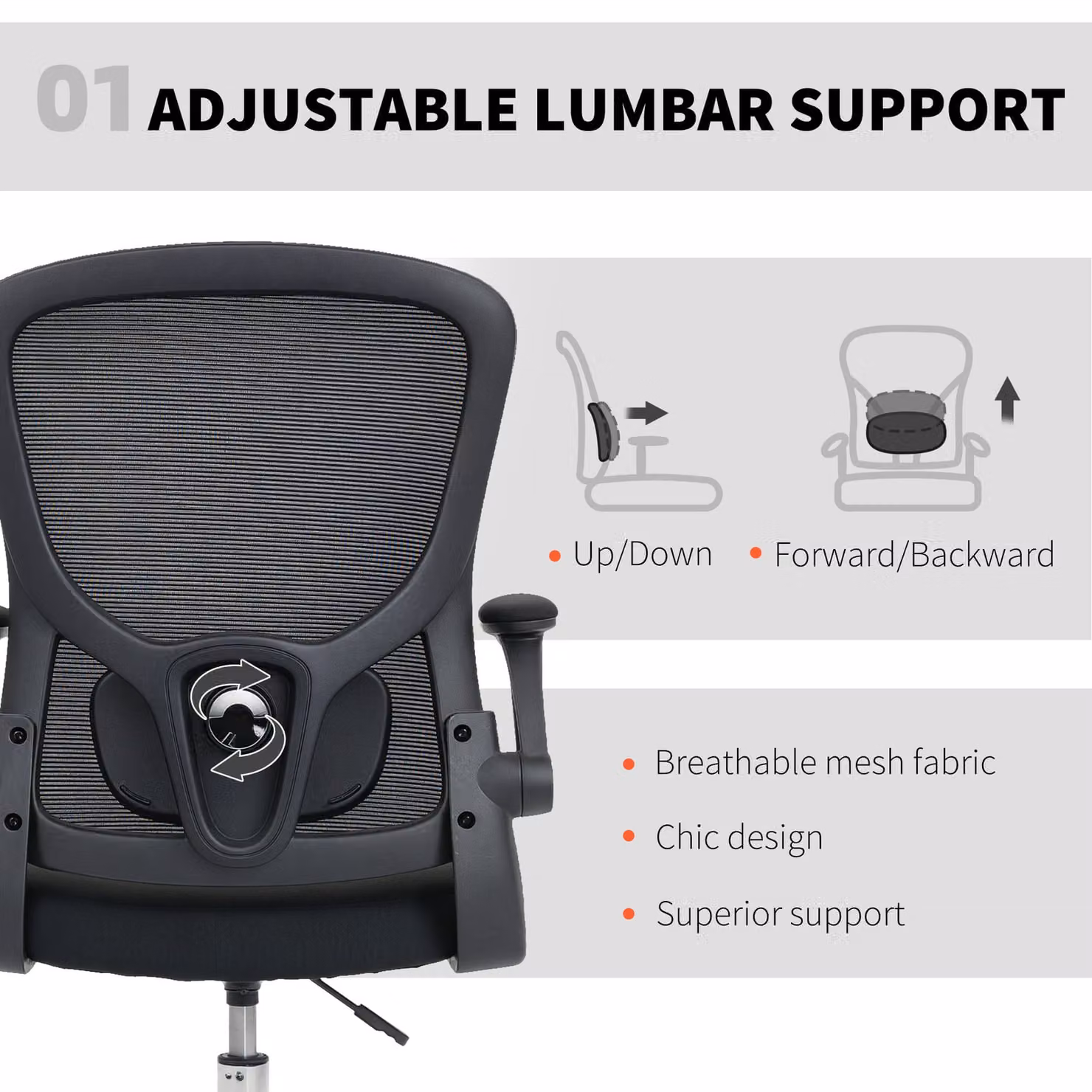 HOMCOM Black Fabric Draughtsman Chair with Adjustable Lumbar, Foot Ring and Castors, W/D/H: 53.0 x 53.0 x 120.0 cm – 4