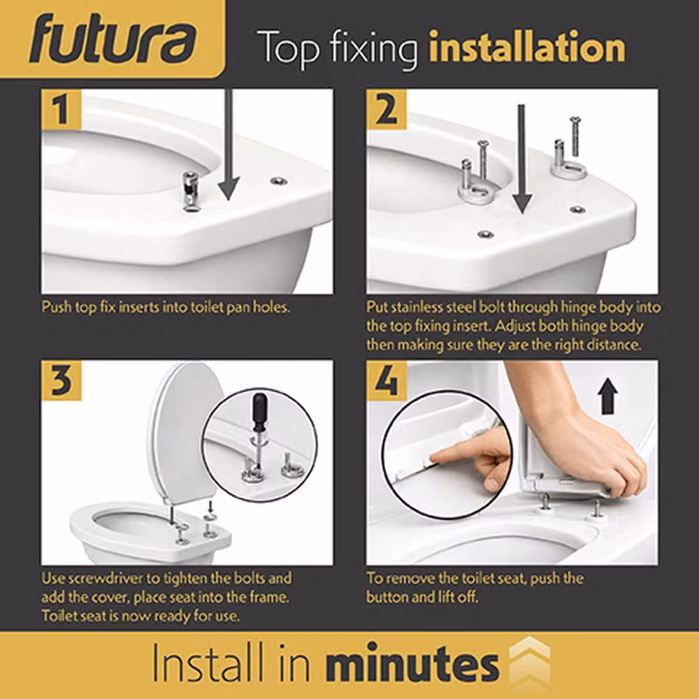 Futura D-Shaped Soft Close Toilet Seat with Quick Release in White, 50 cm – 4