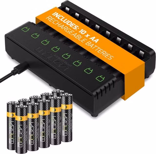 Venom 8-Way USB Charger with 10 x 1000mAh AA Batteries, Black