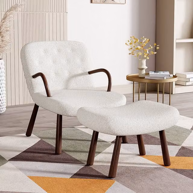 Livingandhome Mid-Century White Fabric Upholstered Armchair with Matching Ottoman