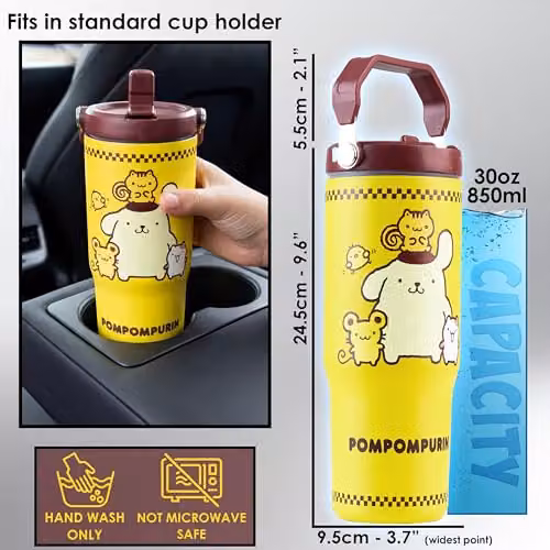 Get Trend Sanrio Pompompurin Insulated Stainless Steel Tumbler with Straw and Handle, Yellow, 850ml – 5
