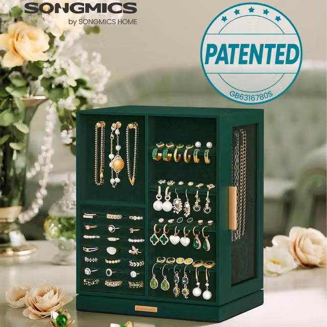 SONGMICS 5-Tier 360 Rotating Jewellery Box and Organiser, Green