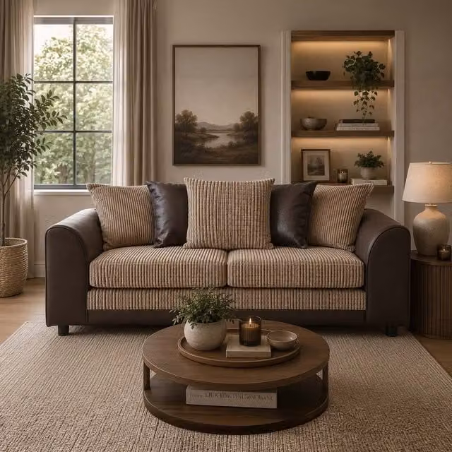 Furnishings For Less UK Luca 3 Seater Fabric and Synthetic Leather Trim Cord Sofa in Brown and Beige, W/D/H: 190 x 87 x 75 cm