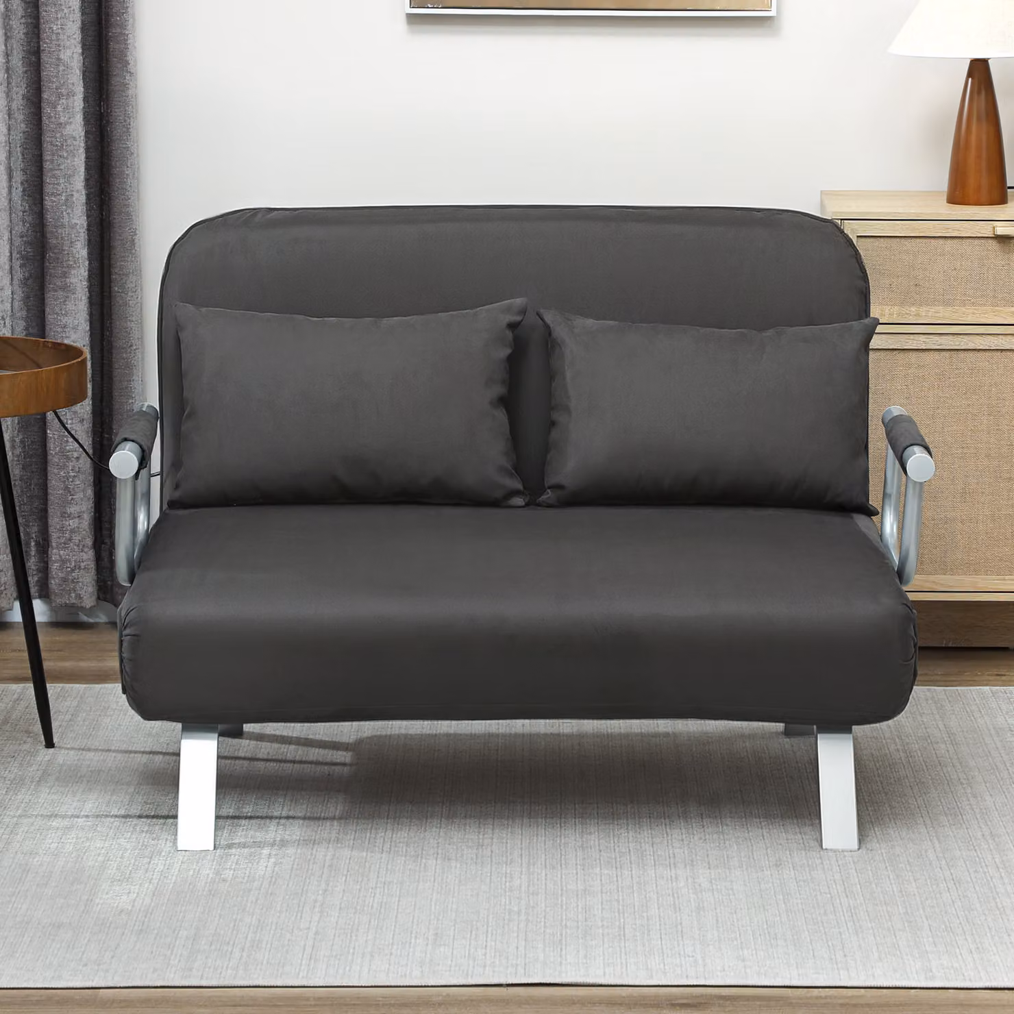 HOMCOM Two-Seater Click-Clack Sofa Bed in Grey Microfibre Fabric with Metal Frame – 9