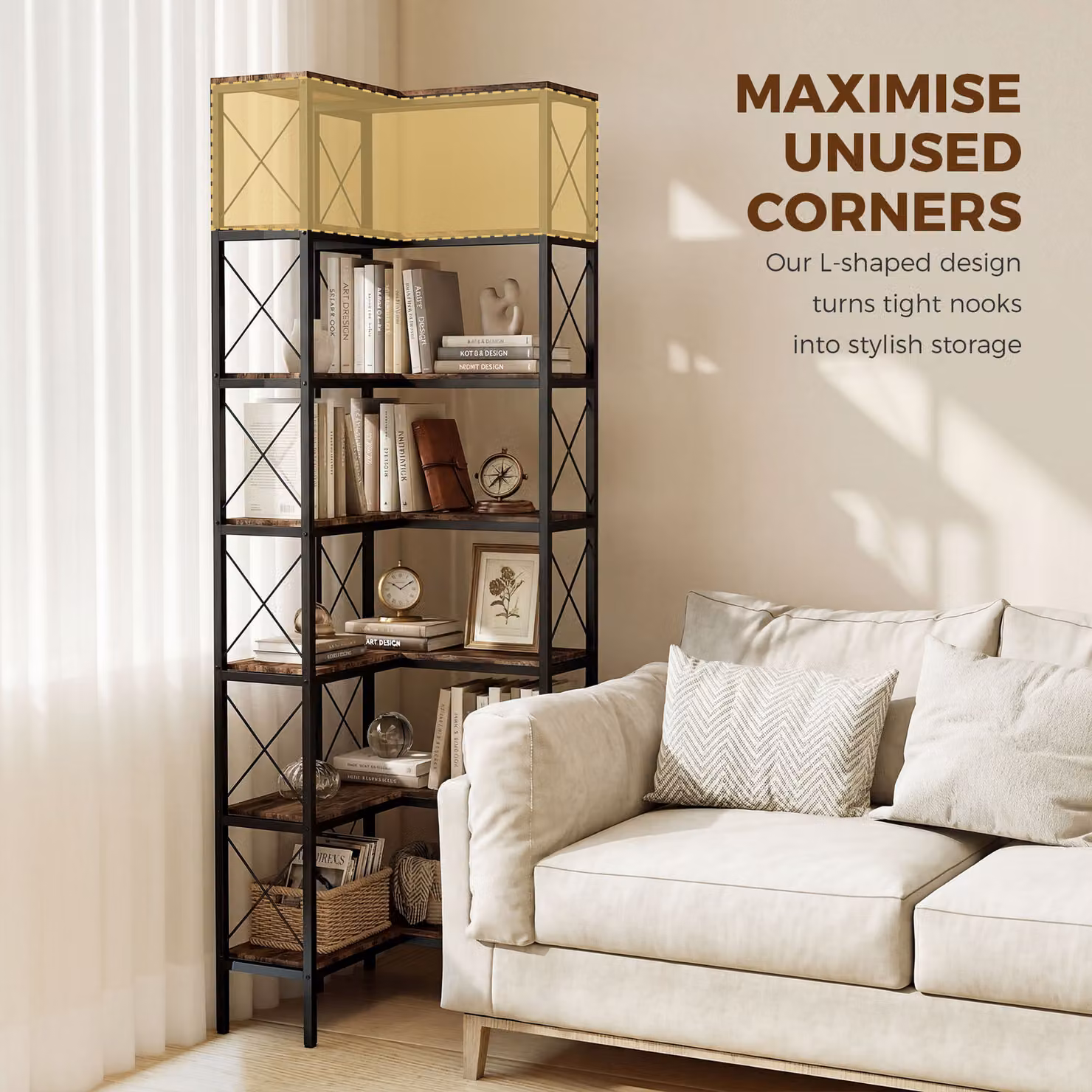 HOMCOM 6-Tier L-Shaped Freestanding Corner Bookshelf with Metal Frame in Rustic Brown – 3