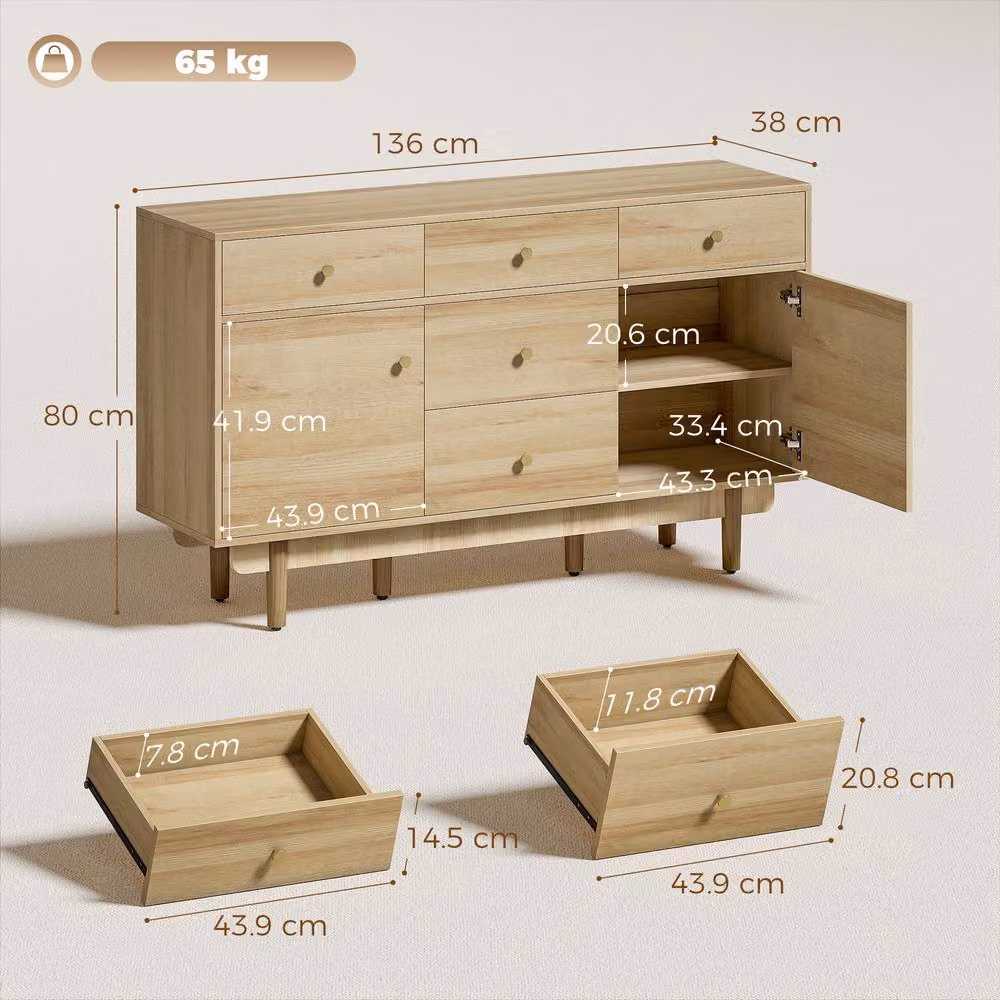 HOMCOM Modern Sideboard with Soft Close Drawers and Wood Legs in Light Oak and Walnut Brown – 3