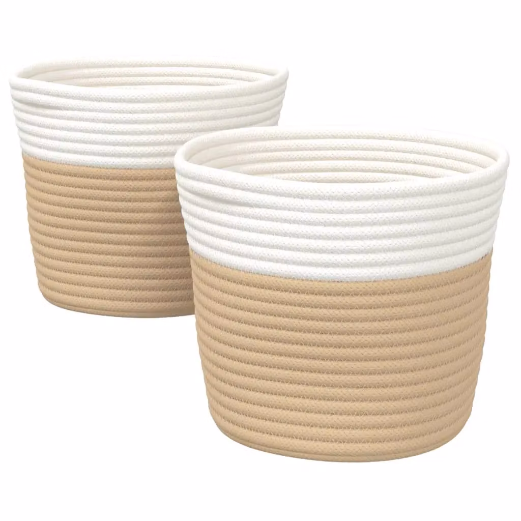 Berkfield Home Storage Baskets, 2 Pack, Beige and White Cotton Fabric, W: 24 cm, H: 18 cm – 2