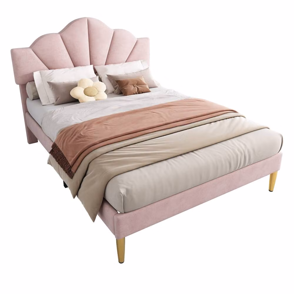 Merax Shell-Like Velvet Upholstered Double Bed with Adjustable Headboard in Pink, W/D/H: 140 x 200 cm – 3