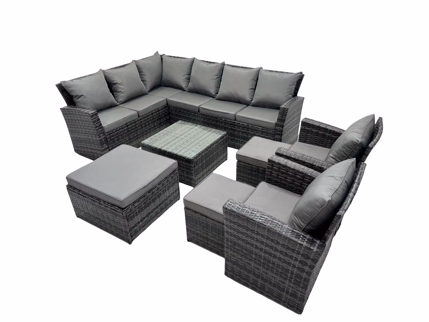Fimous 11 Seat Poly Rattan L-Shape Corner Sofa Set in Dark Grey with 3 Stools and 2 Chairs – 2