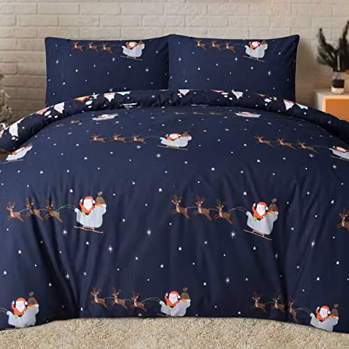 Sleepdown Santa Town Christmas Reversible Polycotton Duvet Cover and Pillowcase Set, Navy, W/D/H: 135 x 200 cm – 2