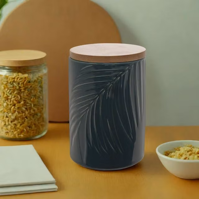Orsina Dark Green Medium Airtight Ceramic Storage Jar with Bamboo Lid
