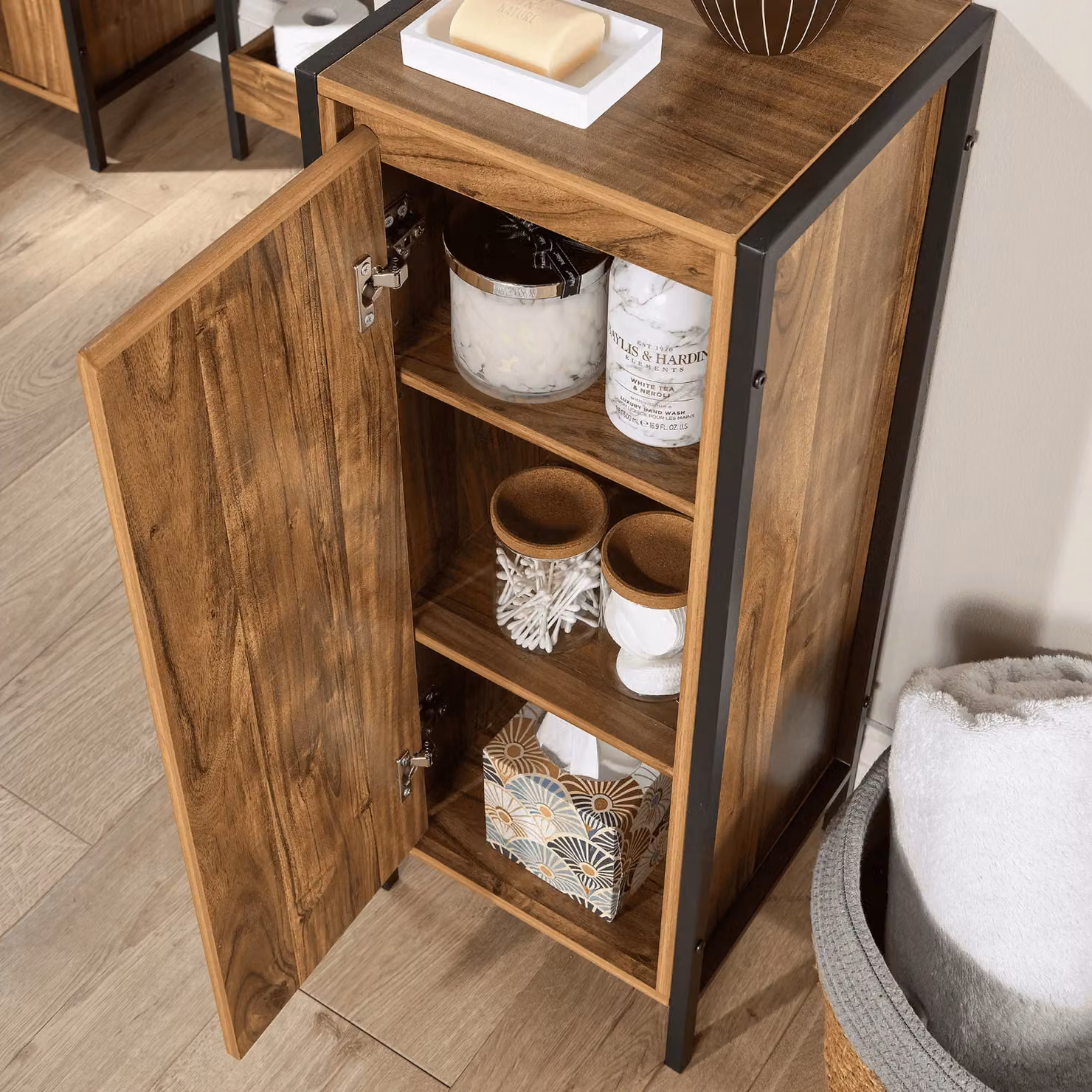 Home Source Locastra 3 Tier Bathroom Floor Cabinet Storage Organiser, Modern Dark Brown and Black, W/D/H: 28.0 x 30.0 x 80.0 cm – 2