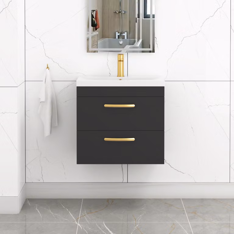 Royal Bathrooms Turin 600mm Wall Hung Vanity Unit in Matt Black with 2 Drawers and Mid-Edge Basin featuring Brushed Brass Handles