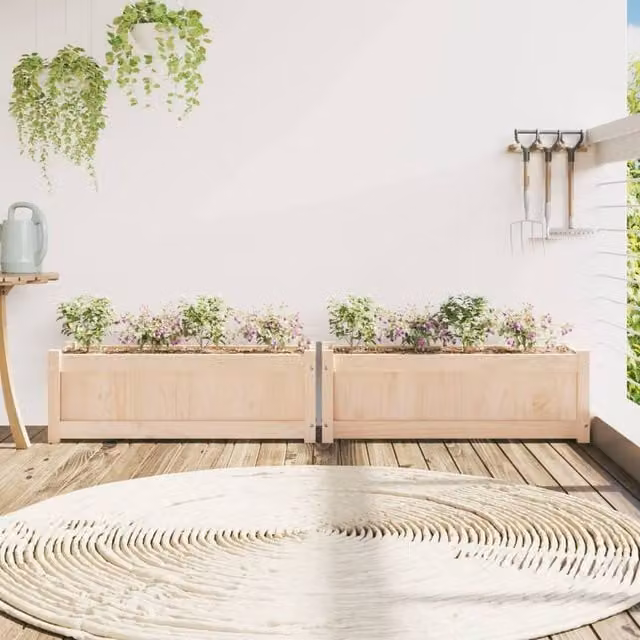 Berkfield Home Garden 2-Piece Solid Wood Pine Planter Tub in Brown and Beige, W/D/H: 90 x 31 x 31 cm