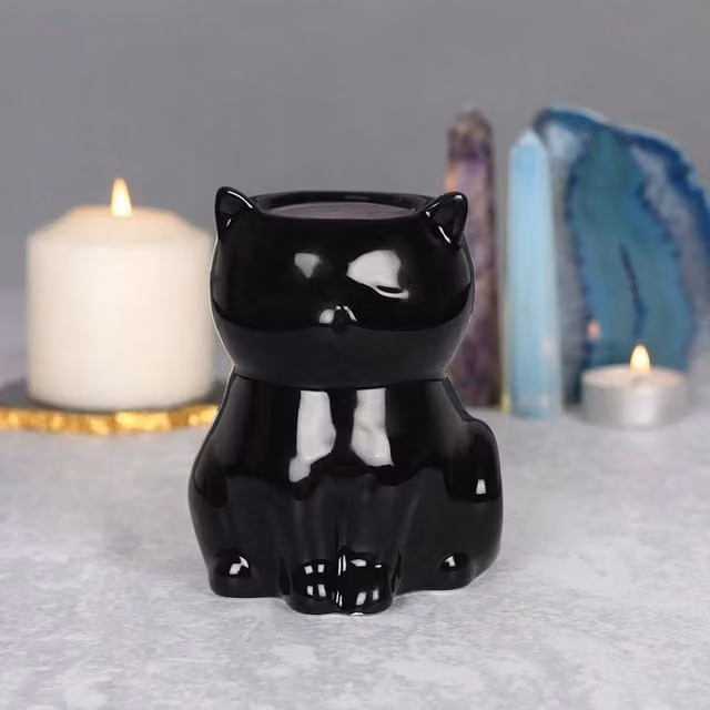 Uniqueful Black Ceramic Cat Oil Burner for Tealights