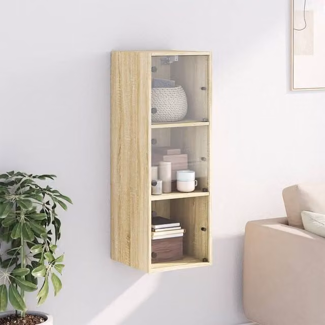 Berkfield Home Wall Mounted Cabinet with Glass Doors in Sonoma Oak, Light Tan, W/D/H: 35 x 37 x 100 cm – 1