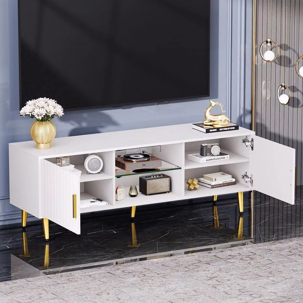 FORGEVIO Modern White TV Unit with Integrated Lighting, W: 140 cm, D: 48 cm, H: 40 cm – 4