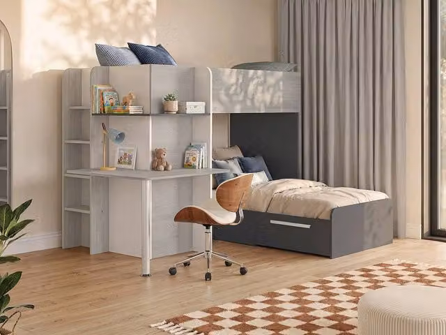Vente-unique Corner Bunk Beds with Desk and Stairs, Grey, White and Black, W/D/H: 190 x 90 x 160.1 cm