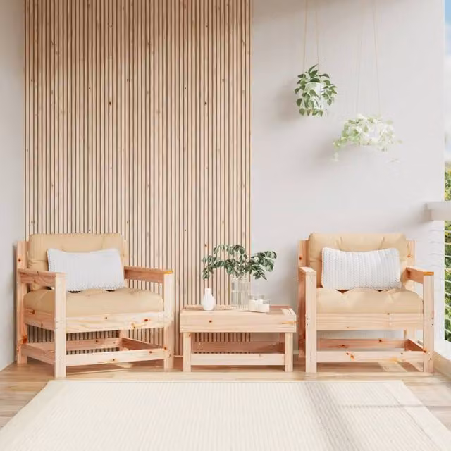 Berkfield Home Set of 2 Rustic Solid Wood Pine Garden Chairs with Beige Cushions in Brown