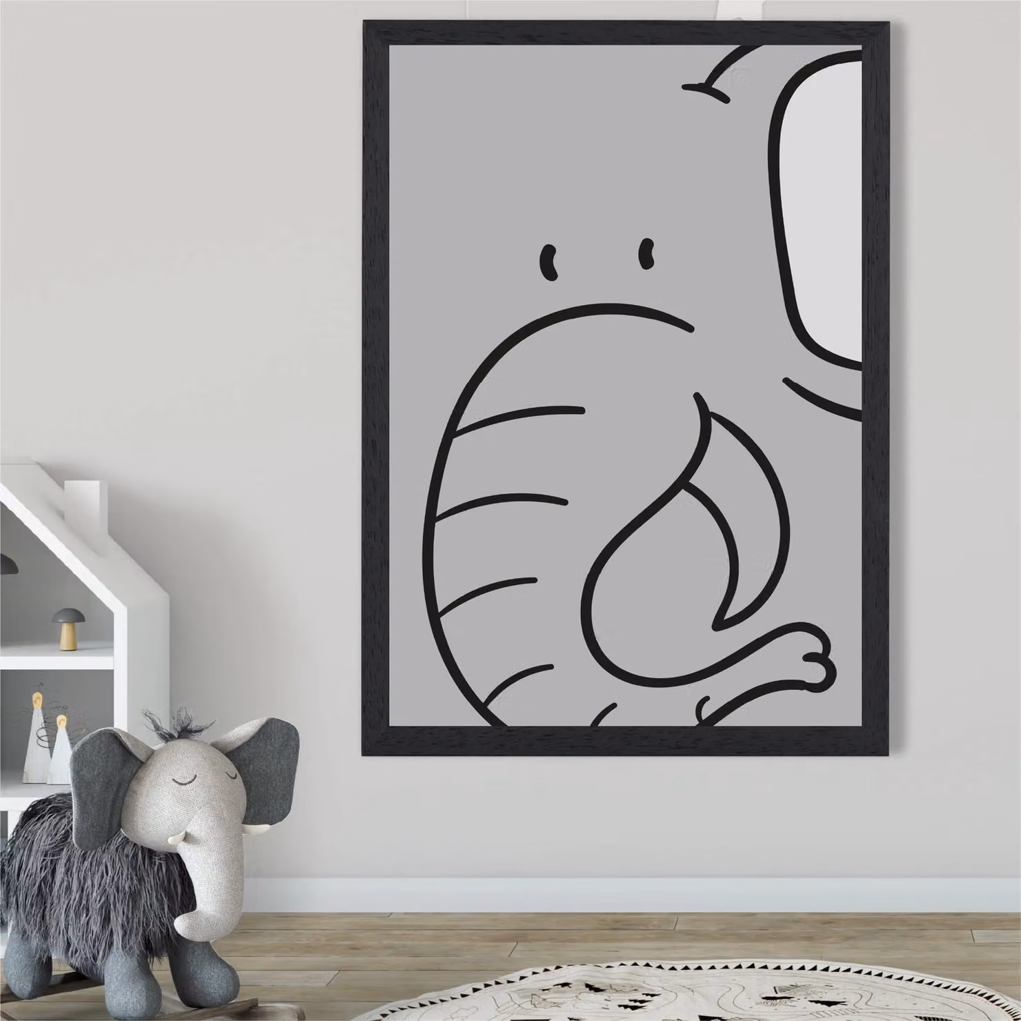 ARTZE Elephant Cartoon Style Framed Paper Poster, Grey with Black Frame, A3 – 2