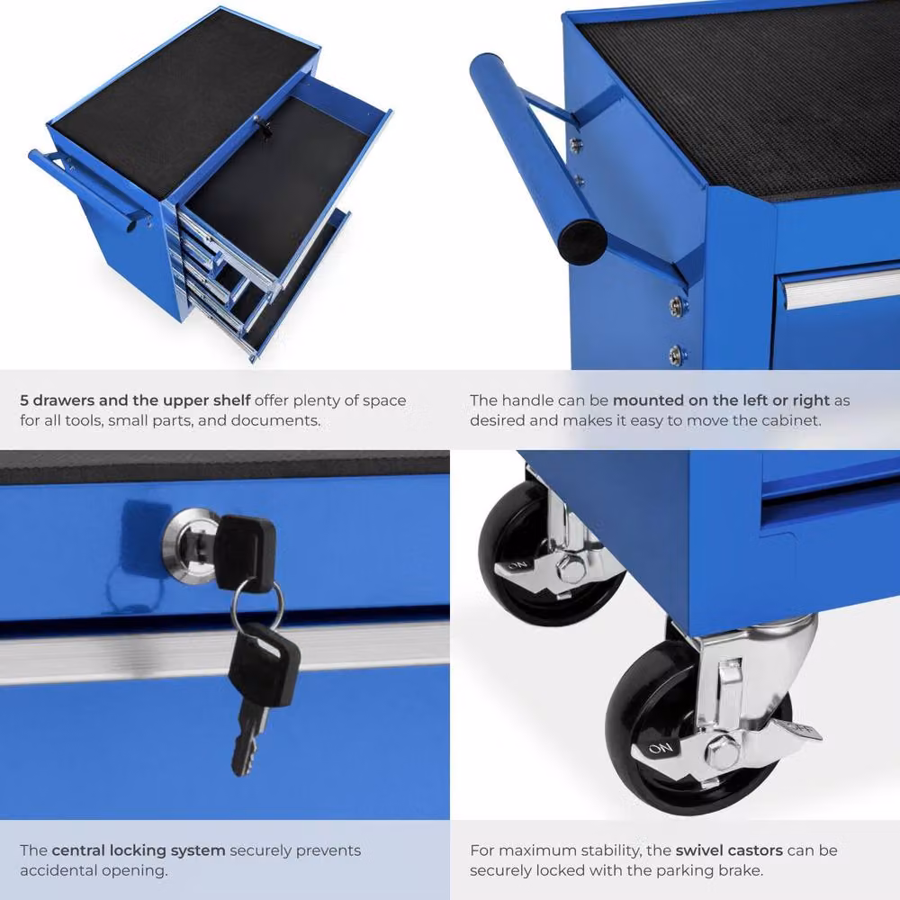 tectake Lockable and Rollable Tool Chest in Blue – 4