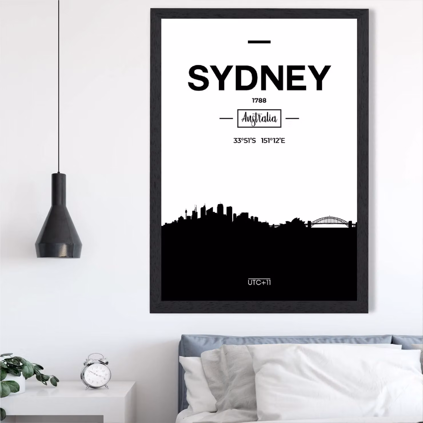 ARTZE Sydney Black and White City Skyline Framed Print, A3, Black Frame – 2