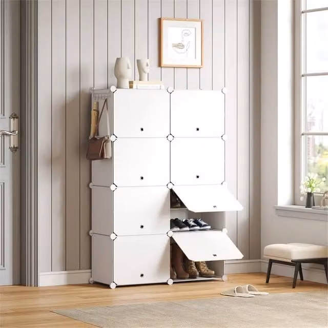 KORVIXA White 8 Piece Portable Plastic Shoe Cabinet with Hinged Doors, W: 100 cm, H: 125 cm, D: 2 cm