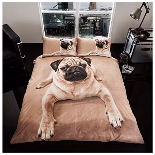Gaveno Cavailia Wildlife 3D Pug Dog Bed Set with Duvet Cover and Pillowcase, Multicolour, W: 180 cm, H: 200 cm – 1